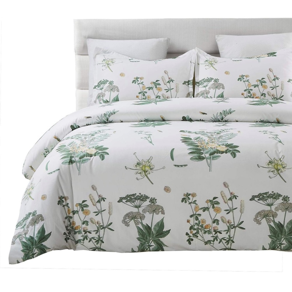 Valuia Microfiber Duvet Cover Set, Floral Print Queen White/Green Color